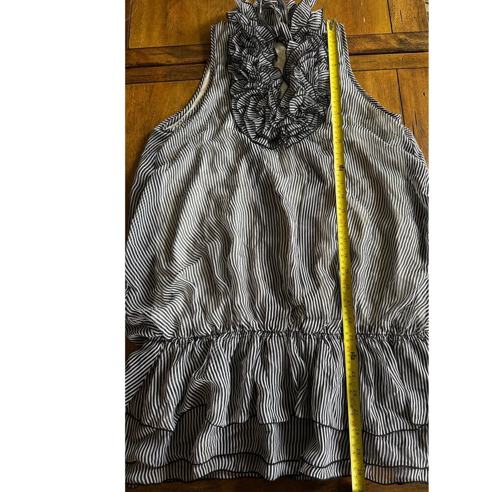 Begum Sheer Ruffle Tie Neck Blouse Black White Striped Romantic Coquette Top - Picture 8 of 9
